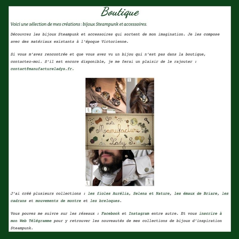 Possibilité d&rsquo;acheter des bijoux Steampunk sur mon site et dans les boutiques
